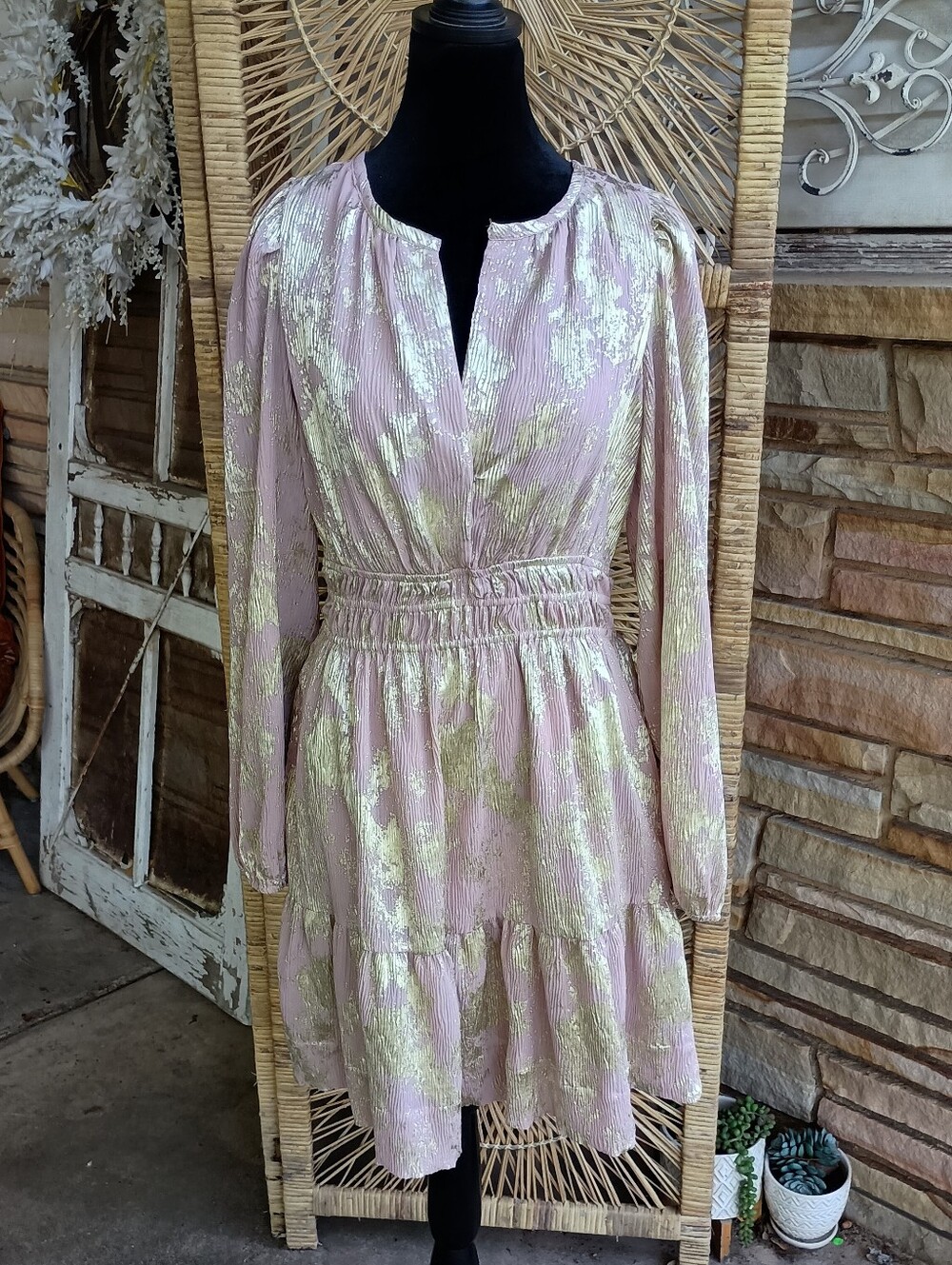 By Anthropologie Shimmery Pink Midi Dress - Gold Floral Accents - With Pockets_S - Picture 5 of 11